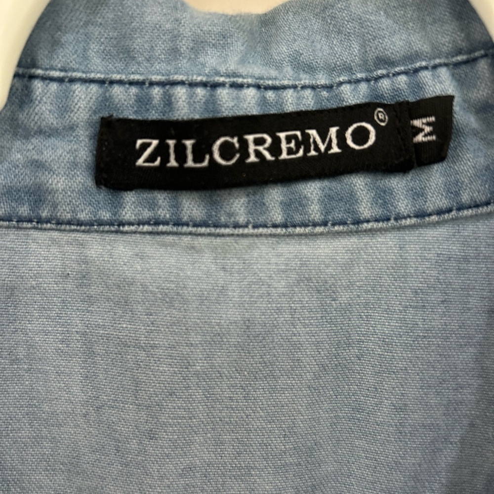 Zilcremo Light Blue Denim Shirt Dress Button Down Long Sleeve Fringe Size M - Picture 2 of 6